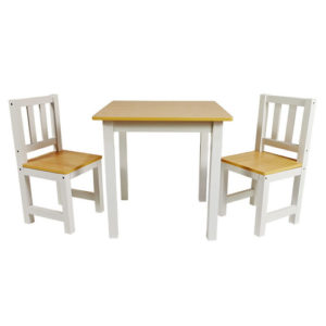 #T70210-White and wood grain color wooden children’s one table and two chairs